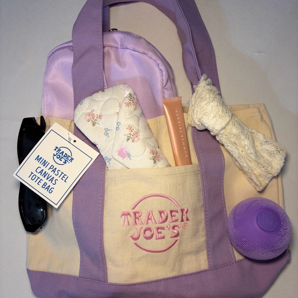 Trader Joe's Mini Pastel Canvas Tote Bag - Lavender Trim